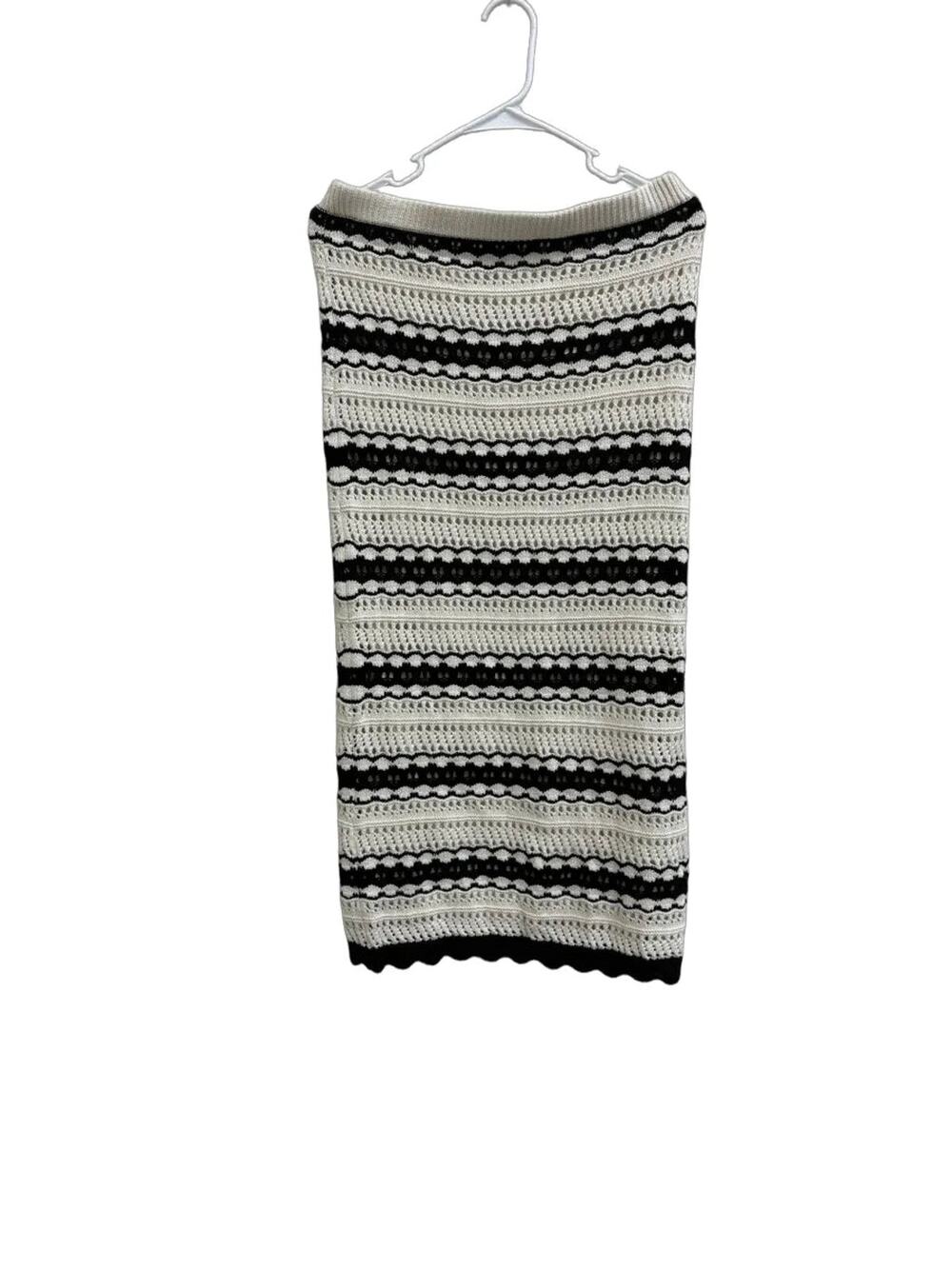 Cream & Black Striped Crochet Knit Midi Skirt M